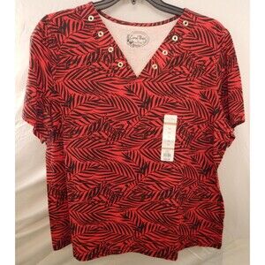 Carol Bay Woman's 1X Red- Black Stripe V-Neck S/Sleeve Top Pullover NWT